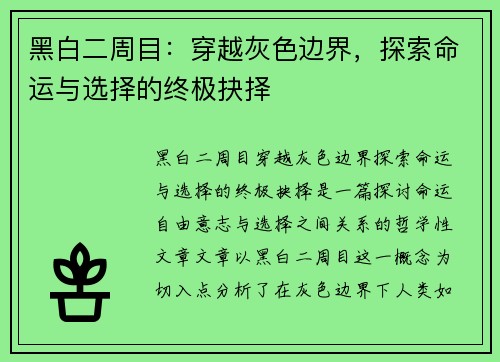 黑白二周目：穿越灰色边界，探索命运与选择的终极抉择